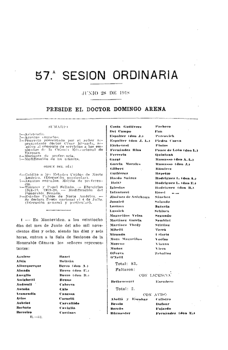 DIARIO DE SESIONES DE LA CAMARA DE REPRESENTANTES del 28/06/1918
